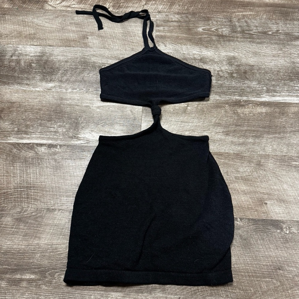 Beige Botany Black Knit Halter Neck Mini Dress Size Medium